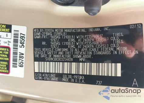 2012 Toyota Sienna Xle V6 8 Passenger из США, поврежденный, VIN 5TDYK3DCXCS234828